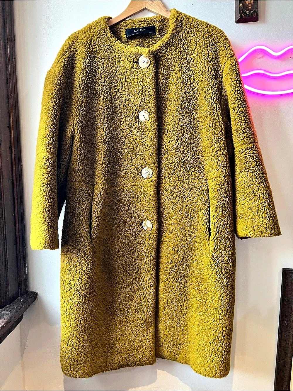 Zara Vintage Inspired Teddy Coat in Mustard/Olive Green